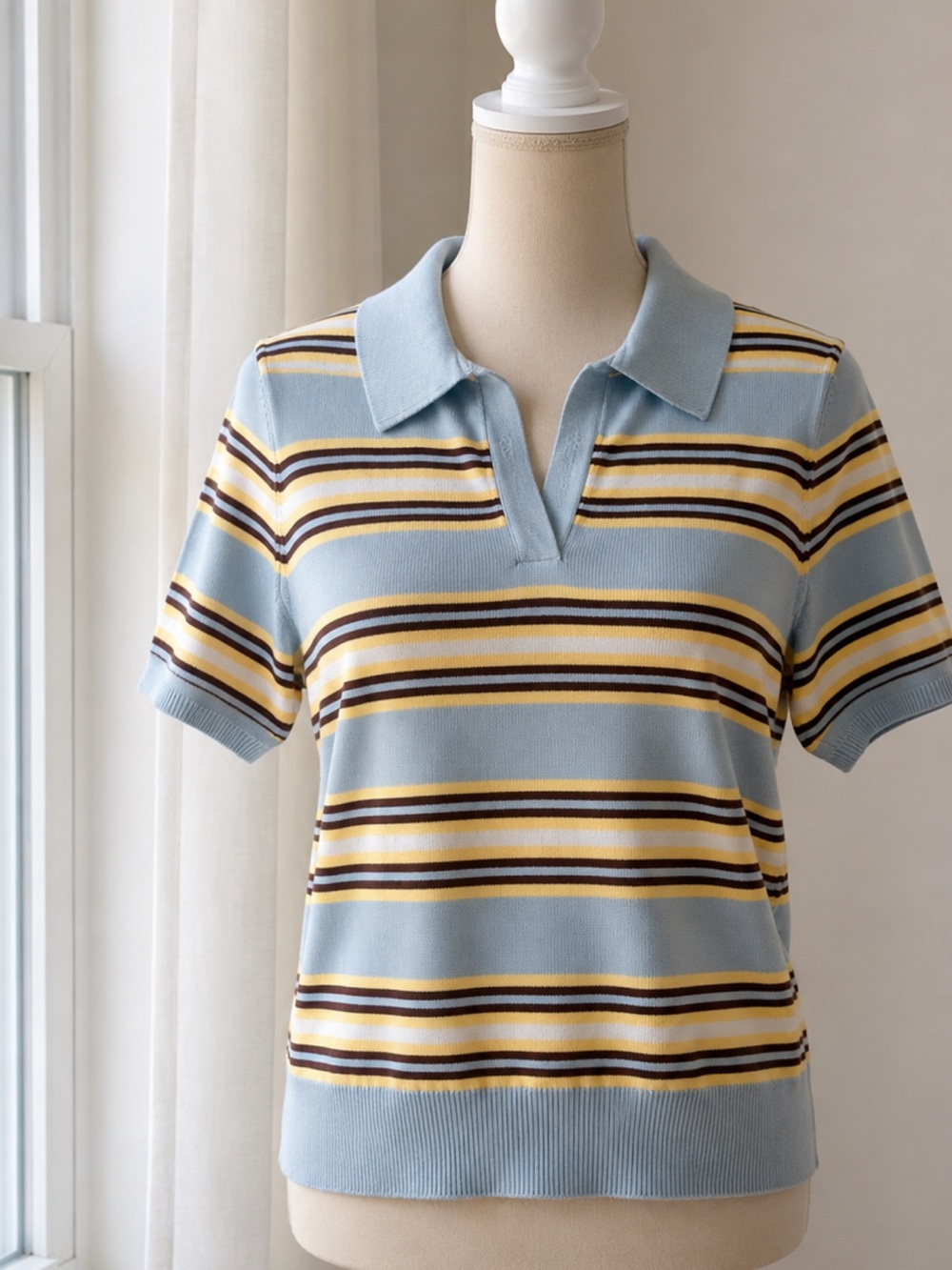 Sincerly Jules Striped Polo Top in Light Blue, Yellow & Brown